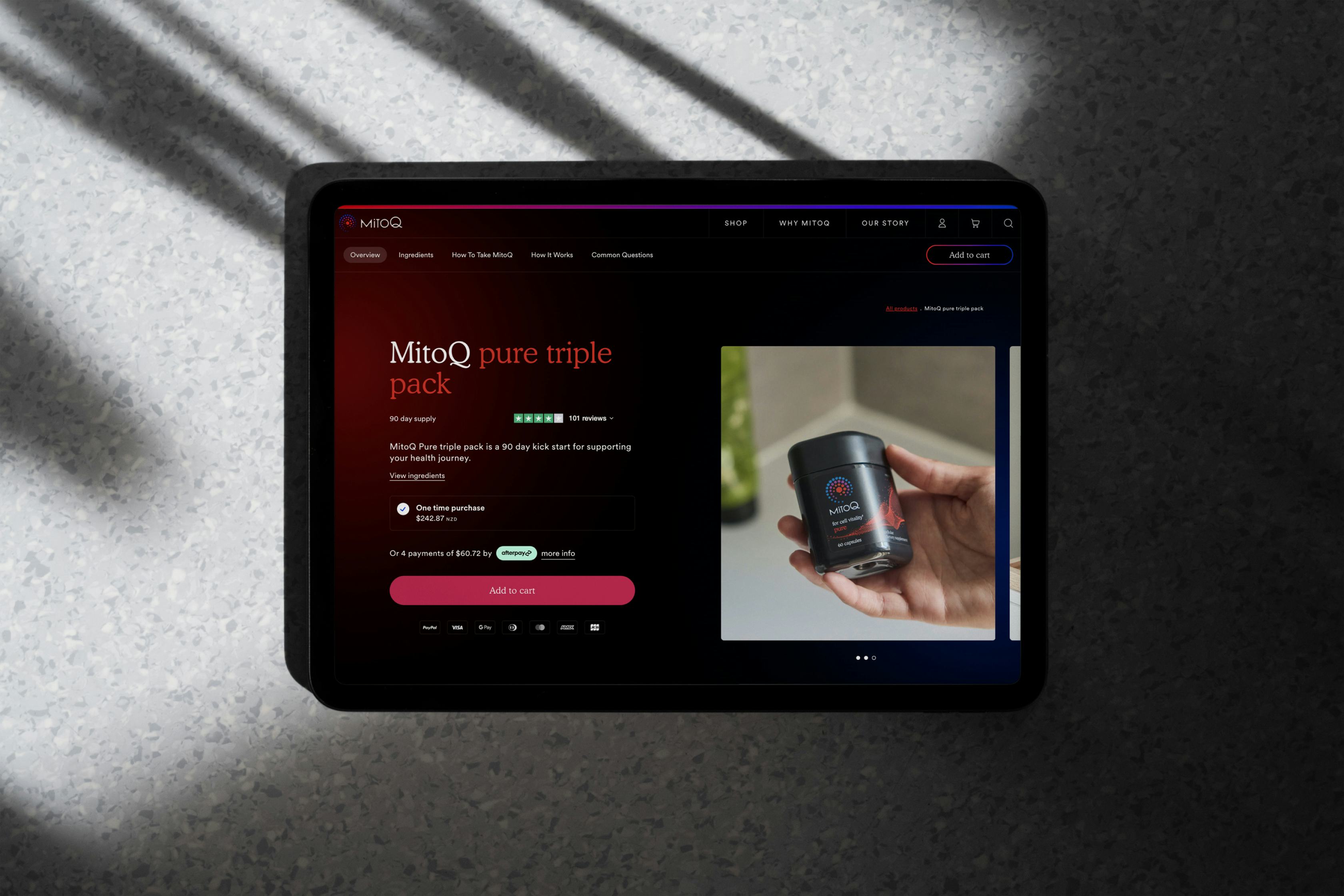 Image of MitoQ website showing on an iPad